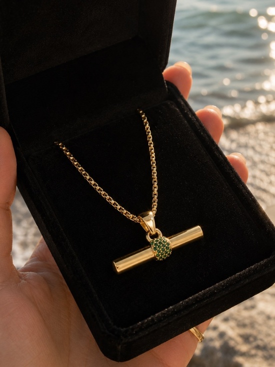 Anthropologie Jewelry - Gold Bar Pendant Necklace with Green Accent
